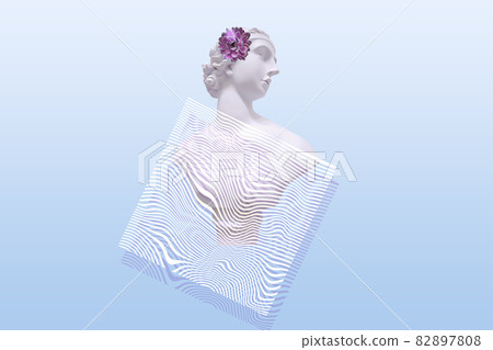Contemporary collage. Sculpture of a woman on a gentle blue background with a geometric pattern. 82897808