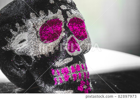 mexican pink purple skull Day of the Dead calavera sugar skull black and white background selective mexican pink purple skull Day of the Dead calavera sugar skull black and white background selective 82897973