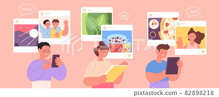 Children social media. Cyber communication, kids internet addiction. Girl and boy posting photos, liked news and looking videos utter vector concept 82898218