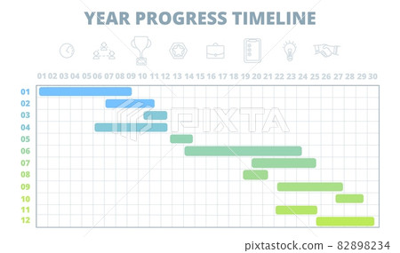 Project schedule. Year timeline, work development chart template. Gantt diagramm for business startup, infographic calendar. Planning utter vector scheme Project schedule. Year timeline, work development chart template. Gantt diagramm for business startup, infographic calendar. Planning utter vector scheme 82898234