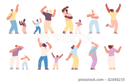 Dancing family. Happy dancer children, activities isolated parents and kids. Joyful people, laughing mother dad daughter. Music party utter vector characters 82898235