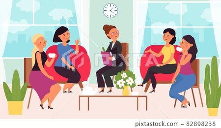 Female group support. Psychotherapy session, women club meeting. Girls drink and talking, mental health. Psychology consulting decent vector concept Female group support. Psychotherapy session, women club meeting. Girls drink and talking, mental health. Psychology consulting decent vector concept 82898238