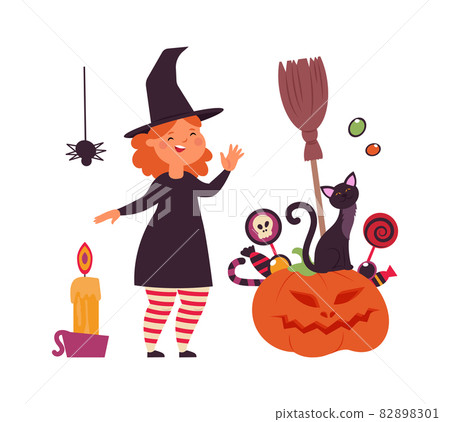 Magic witch character. Little girl with black cat and smiling pumpkin with sweets. Halloween party vector concept Magic witch character. Little girl with black cat and smiling pumpkin with sweets. Halloween party vector concept 82898301