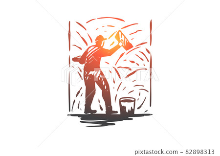 Grouting, cement, worker, wall, repair concept. Hand drawn isolated vector. Grouting, cement, worker, wall, repair concept. Hand drawn isolated vector. 82898313