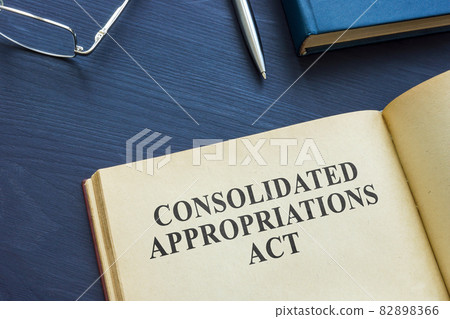 Open book with Consolidated Appropriations Act and pen. 82898366