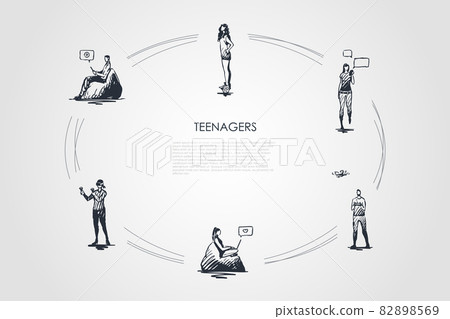 Teenagers - girls and boys playing with modern devices, communicating and riding segway vector concept set Teenagers - girls and boys playing with modern devices, communicating and riding segway vector concept set 82898569