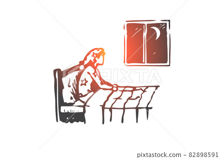 Insomnia, bed, woman, night, problem concept. Hand drawn isolated vector. Insomnia, bed, woman, night, problem concept. Hand drawn isolated vector. 82898591