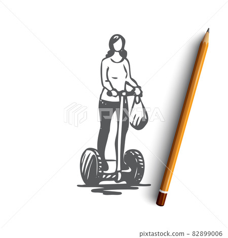 Segway, woman, electric, transport, technology concept. Hand drawn isolated vector. 82899006