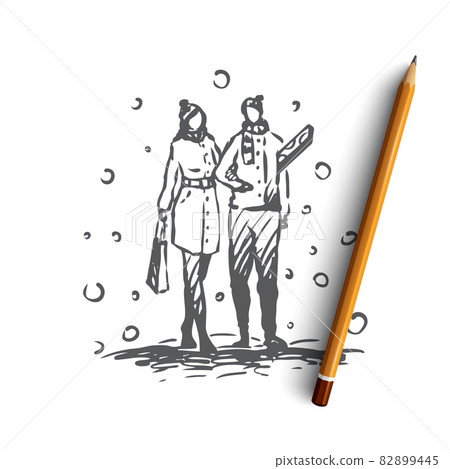 Couple, snow, gifts, holiday, Christmas concept. Hand drawn isolated vector. Couple, snow, gifts, holiday, Christmas concept. Hand drawn isolated vector. 82899445