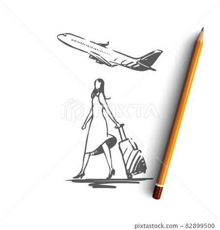 Airplane, woman, tourist, suitcase, flight concept. Hand drawn isolated vector. 82899500