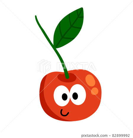 Cherry character. Cute mascot with face and eyes. Red berry with twig and leaf. Sweet, fresh food. Flat cartoon Cherry character. Cute mascot with face and eyes. Red berry with twig and leaf. Sweet, fresh food. Flat cartoon 82899992