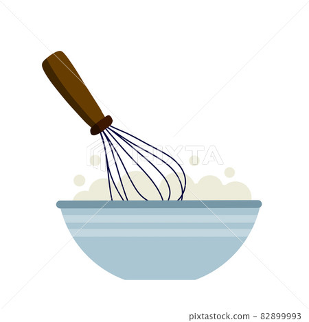 Whisk for cooking. Whipping up food. Kitchen utensils. Tool for blend ingredient in bowl or plate. Production of confectionery and pastries. Flat cartoon Whisk for cooking. Whipping up food. Kitchen utensils. Tool for blend ingredient in bowl or plate. Production of confectionery and pastries. Flat cartoon 82899993