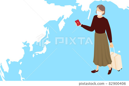 等軸測圖，一位拿著護照走路，在海外旅行中拉著手提箱的女人 82900406