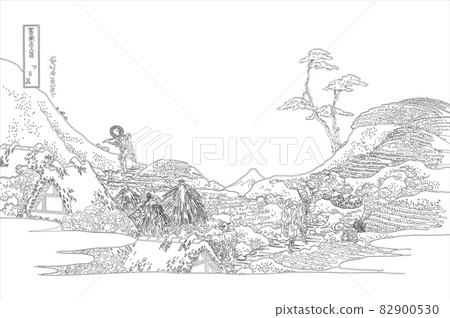 Katsushika Hokusai image Shimomeguro title line - Stock Illustration ...