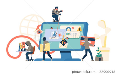 Hackers group attack. Cyber thieves characters stealing data. Burglars cracking banking passwords and accounts. Online scammers. Computer screen acting. Digital crime. Vector concept 82900948