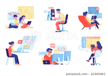 Programmers people. Developers at workplace. HTML and PHP coding. IT technologies activity. Apps and websites engineering. Coders works with software programs. Vector engineers set 82900961