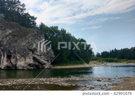 A small mountain river in the forest against the blue sky. A small mountain river in the forest against the blue sky. 82901076