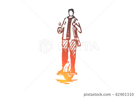 Segway, man, coffee, ride, speed, urban concept. Hand drawn isolated vector. 82901310