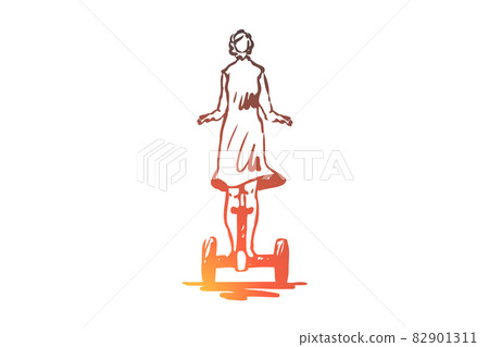 Segway, woman, dress, eco, transport, vehicle concept. Hand drawn isolated vector. Segway, woman, dress, eco, transport, vehicle concept. Hand drawn isolated vector. 82901311
