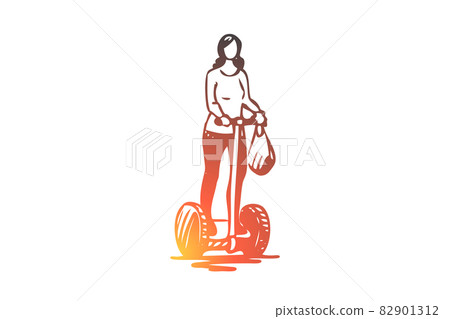 Segway, woman, electric, transport, technology concept. Hand drawn isolated vector. 82901312