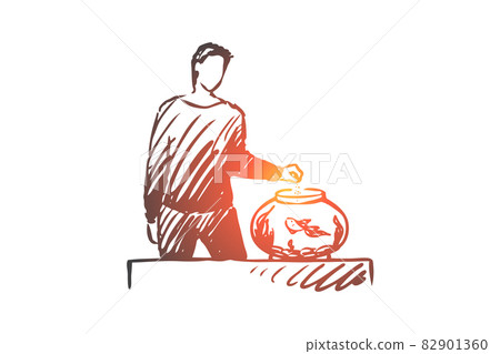 Man, aquarium fish, home, care concept. Hand drawn isolated vector. Man, aquarium fish, home, care concept. Hand drawn isolated vector. 82901360