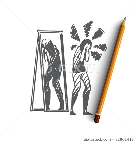 Mirror, woman, reflection, inferiority, complex concept. Hand drawn isolated vector. Mirror, woman, reflection, inferiority, complex concept. Hand drawn isolated vector. 82901412