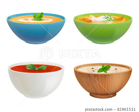 Bowls with soup. Gazpacho chicken puree soup with fish decent vector containers with liquid products Bowls with soup. Gazpacho chicken puree soup with fish decent vector containers with liquid products 82901531