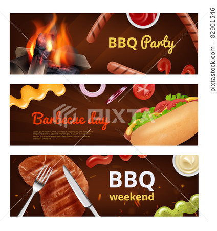 Bbq banners. Meal sausage for grill party hot dog burgers with steak beverage food decent vector promotional pictures with place for text 82901546