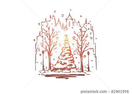 City, winter, street, tree, snow concept. Hand drawn isolated vector. 82901956