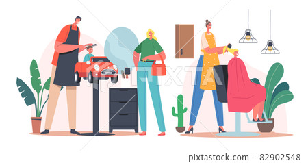 Hairdresser Salon for Children, Master Cut Hairs and Making Hairstyle to Boy and Girl Sitting in Toddlers Barbershop Hairdresser Salon for Children, Master Cut Hairs and Making Hairstyle to Boy and Girl Sitting in Toddlers Barbershop 82902548