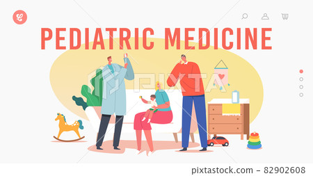 Pediatric Medicine Landing Page Template. Baby Examined by Pediatrician at Home, Doctor Prepare Vaccine to Little Child 82902608