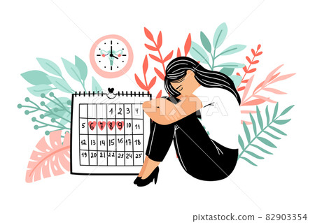 Cramps period. Menstruation days vector illustration, lady periodical abdomen pain dates, girls calendar periodic menstrual time, women menstruating health cycle, woman emotional agenda Cramps period. Menstruation days vector illustration, lady periodical abdomen pain dates, girls calendar periodic menstrual time, women menstruating health cycle, woman emotional agenda 82903354