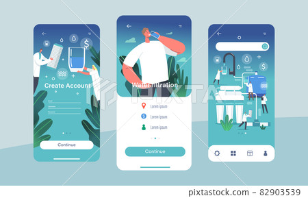 Water Filtration Equipment Mobile App Page Onboard Screen Template. Tiny Scientist Characters Use Huge Aqua Filter Jug 82903539