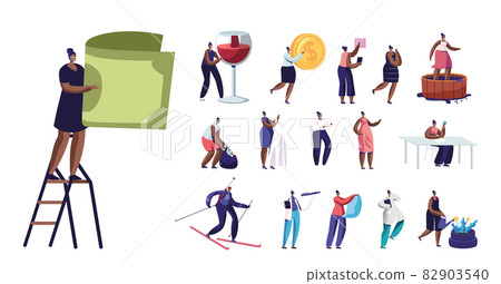 Set of Women Lifestyle, Tiny Female Characters with Huge Bill, Wine Glass and Coin, Girls Collect Trash, Hold Dress 82903540