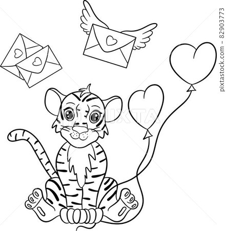 Tiger with red balls in the shape of heart. Symbol of the new year according to the Chinese or Eastern calendar. Outline for coloring. Vector editable illustration, cartoon style Tiger with red balls in the shape of heart. Symbol of the new year according to the Chinese or Eastern calendar. Outline for coloring. Vector editable illustration, cartoon style 82903773