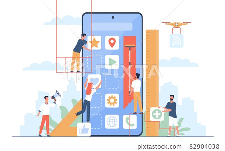 Mobile application build. UI designers and programmers group create new phone software, digital developers, app construction, huge smartphone and little people, vector isolated concept Mobile application build. UI designers and programmers group create new phone software, digital developers, app construction, huge smartphone and little people, vector isolated concept 82904038