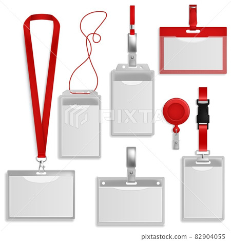 Plastic Id cards. Identification badge blank, authentication security card tags with holder and neck lanyard. Visitors accreditation, pass mockup for security. Vector realistic set 82904055