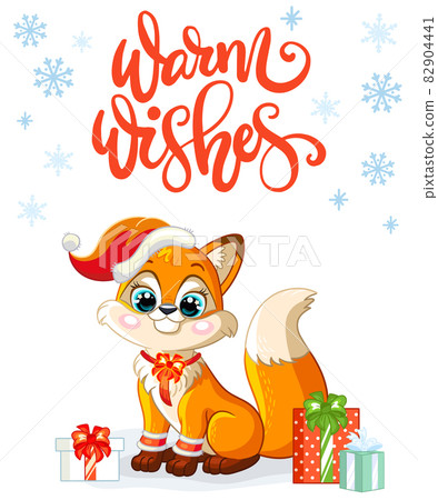 Christmas card with cute fox and lettering - Stock Illustration ...