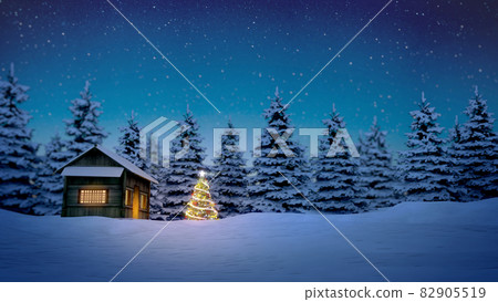 lightened christmas tree in front of wooden cabin in snow at night with pine trees in background lightened christmas tree in front of wooden cabin in snow at night with pine trees in background 82905519