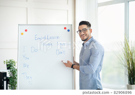 Happy male English standing near blackboard, explaining foreign language rules from home office Happy male English standing near blackboard, explaining foreign language rules from home office 82906896