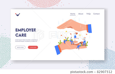 Employee Care Landing Page Template. Happy Tiny Workers Sitting on Huge Boss Hand. Characters Under Protection of Leader 82907312