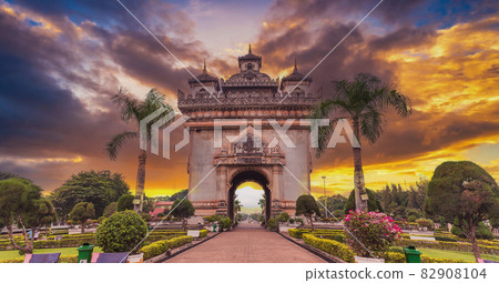 Patuxai literally meaning Victory Gate and sunset in Vientiane,Laos Patuxai literally meaning Victory Gate and sunset in Vientiane,Laos 82908104
