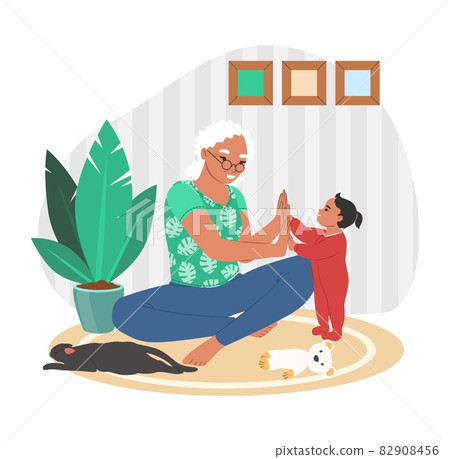 Happy grandmother playing with granddaughter at home, flat vector illustration. Grandparent grandchild relationships. Happy grandmother playing with granddaughter at home, flat vector illustration. Grandparent grandchild relationships. 82908456