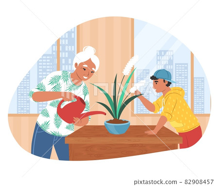 Grandson helping his grandmother with housework, flat vector illustration. Grandparent grandchild relationships Grandson helping his grandmother with housework, flat vector illustration. Grandparent grandchild relationships 82908457