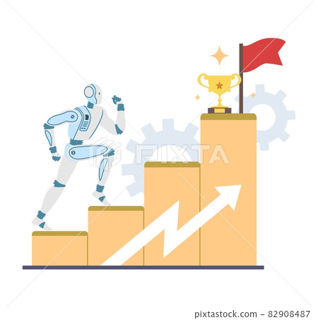 Robot machine leader climbing career ladder with trophy cup and flag, vector illustration. AI career growth, leadership. 82908487