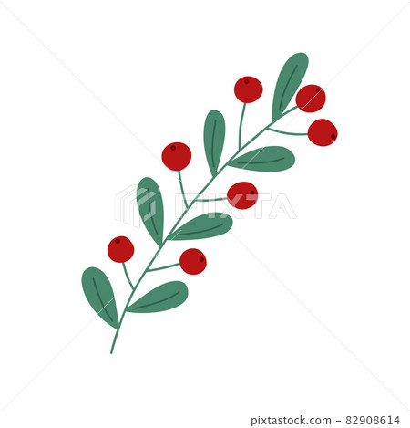 Christmas plant decorative branch with green leaves, berries for home decor, festive holiday arrangement, vector illustration for seasonal greeting card, invitation, banner Christmas plant decorative branch with green leaves, berries for home decor, festive holiday arrangement, vector illustration for seasonal greeting card, invitation, banner 82908614