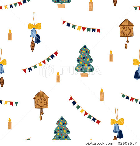Decorated Christmas tree, cuckoo clock, bunting, candles seamless pattern simple hand drawn vector cartoon illustration for festive wintertime happy holidays celebration decor, textile, wrapping paper Decorated Christmas tree, cuckoo clock, bunting, candles seamless pattern simple hand drawn vector cartoon illustration for festive wintertime happy holidays celebration decor, textile, wrapping paper 82908617