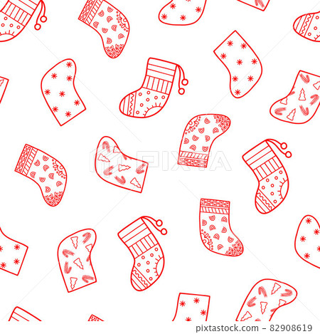 Christmas stockings for gifts hanging on rope, string doodle vector seamless pattern, Merry Christmas and Happy New Year festive holiday decor 82908619