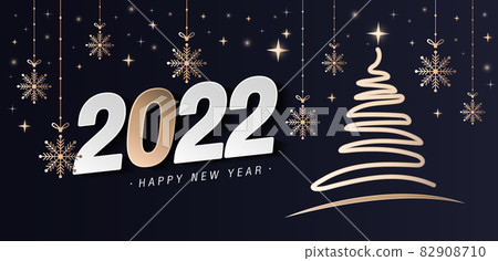 2022 happy new year vector background with luxury numbers white and gold. Elegant golden line christmas tree elements with snowflake hanging on ribbon and glitter sparkles. Vector illustration 82908710