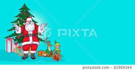 Santa Claus with deer and elf christmas tree for banner 82909164